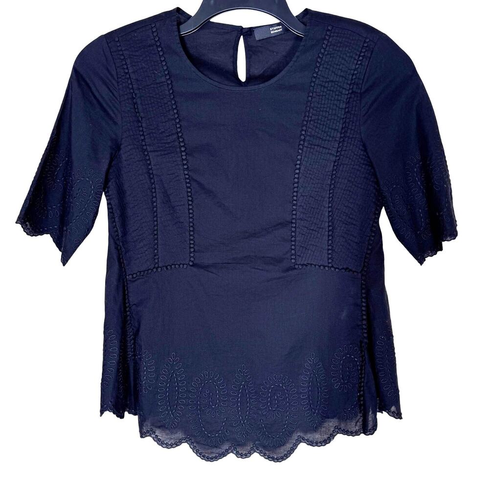 Steffen Schraut Pintucked Embroidered Black Cotton Top Women's Small Chic Modest
